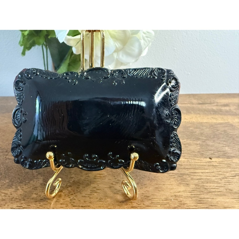 Vintage Black Amethyst Glass Trinket Box Replacement Lid Ornate Scroll Floral